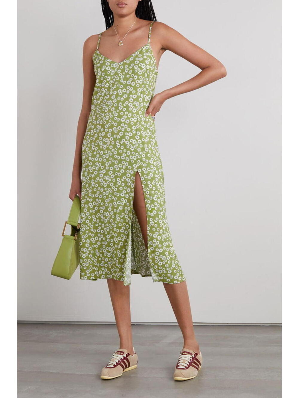 Reformation Green Crimini Floral Print Crepe Dress